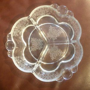 VINTAGE Duncan Miller ETCHED GLASS 3 COMPARTMENT RELISH or CANDY DISH